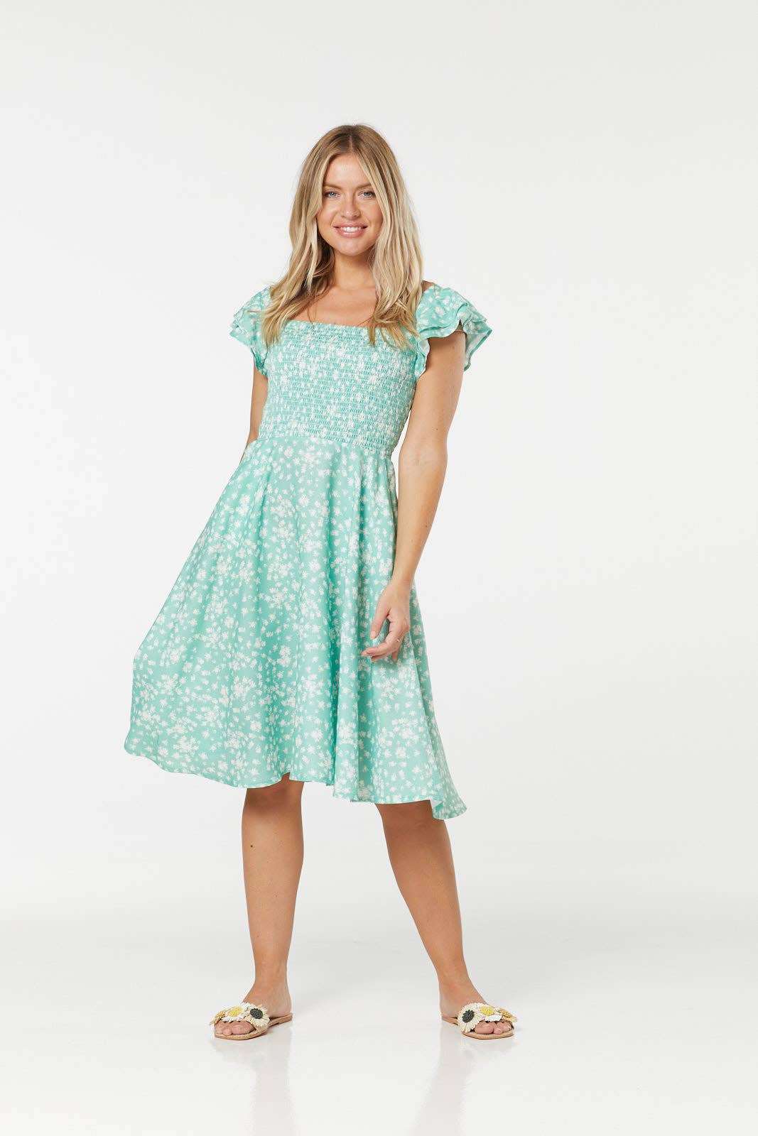 Tory Flutter Sleeves A line fit&flare Green Floral Dress