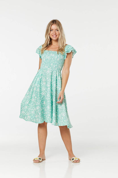 Tory Flutter Sleeves A line fit&flare Green Floral Dress