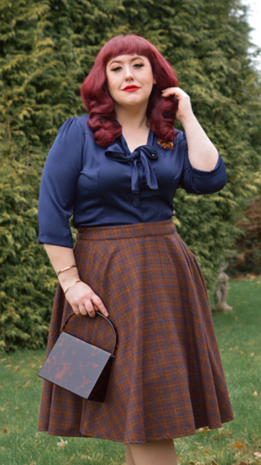 Sophie Blue & Brown Woollen Check Tartan Midi Swing Skirt