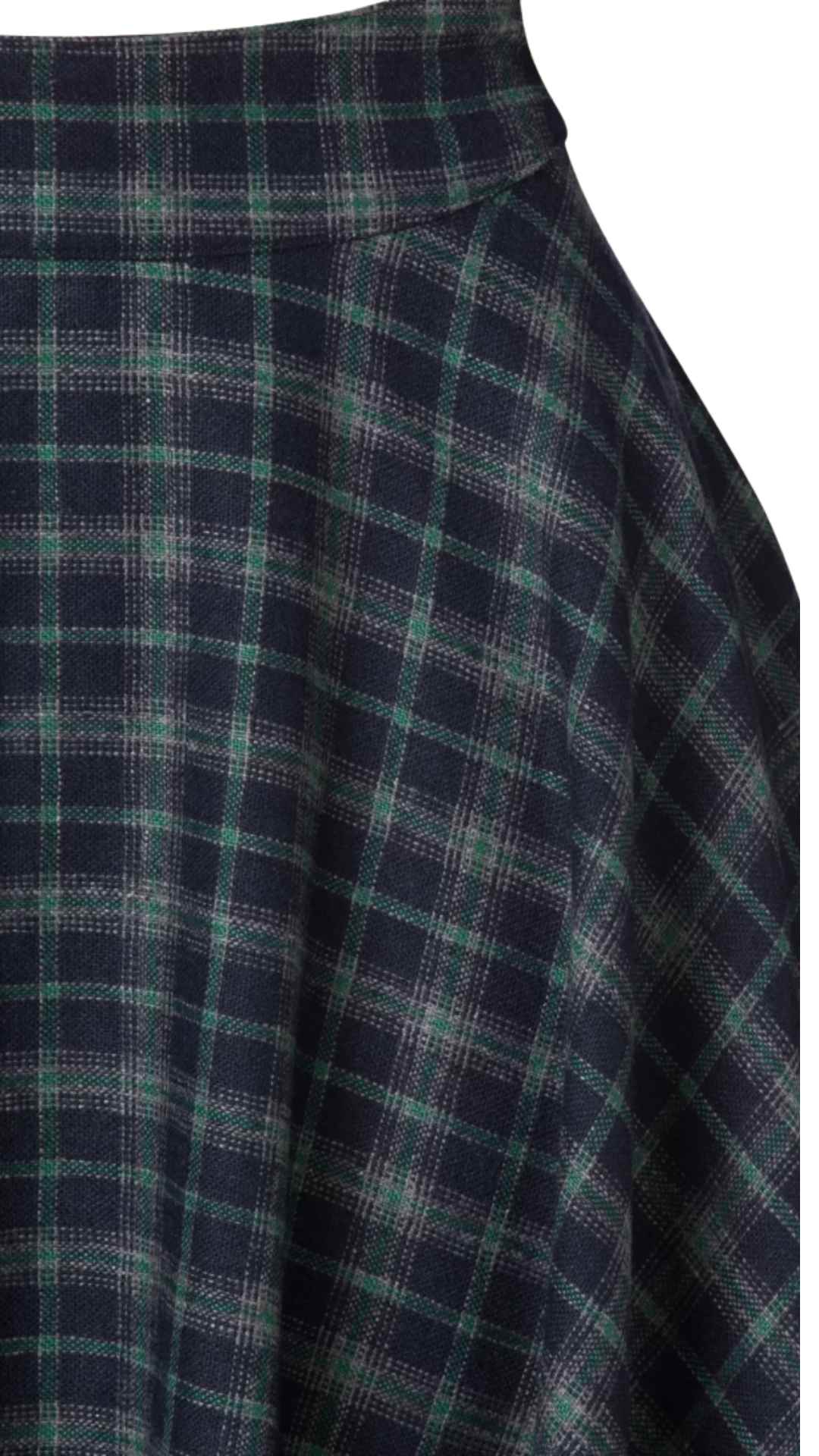 Sophie Blue Ink Woollen Check Tartan Midi Swing Skirt