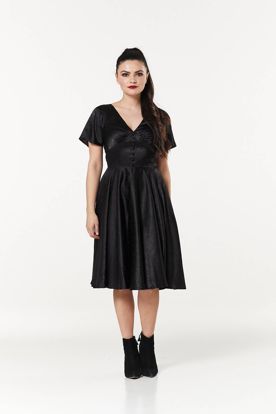 Kaylee Fit and Flare, Midi Swing Black Dress in Jacquard