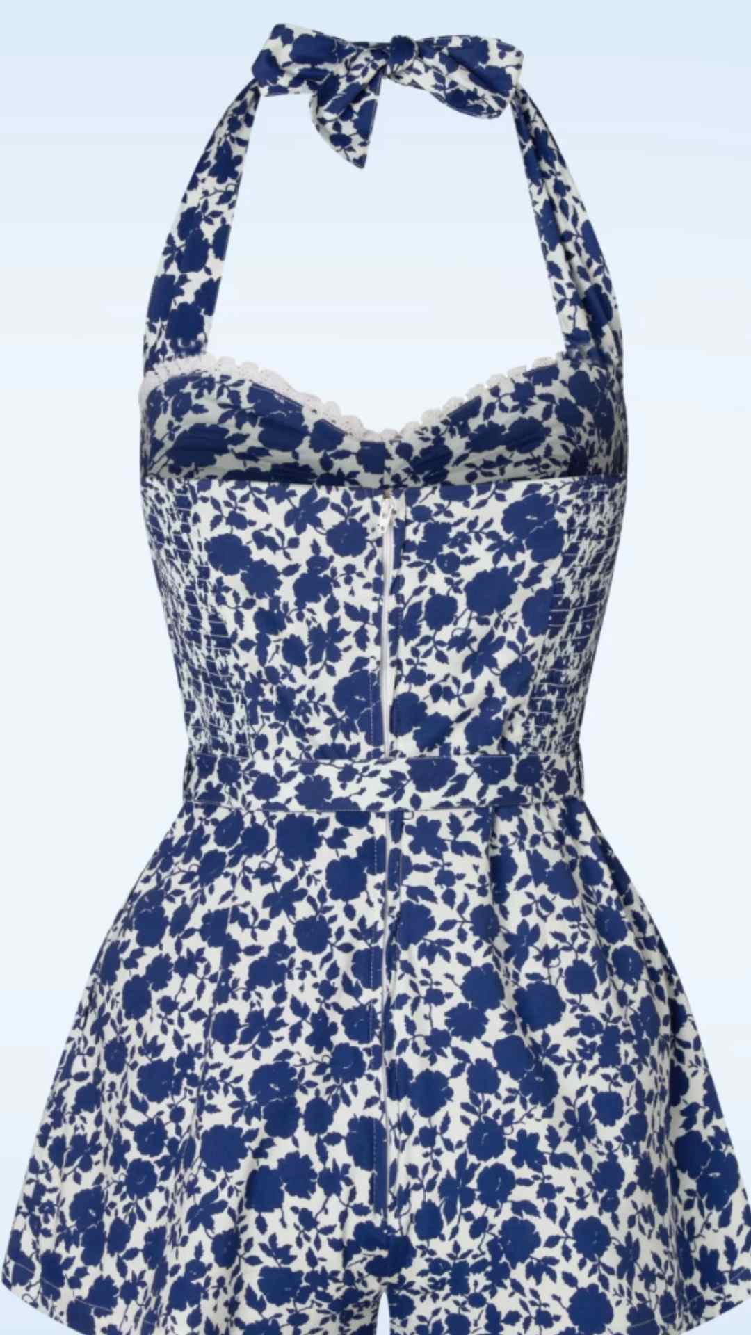 Esme Halter Neck Blue and White Playsuit with shirring