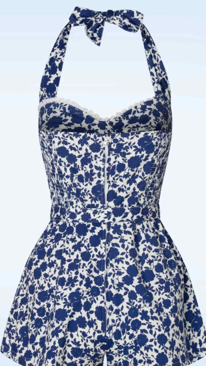 Esme Halter Neck Blue and White Playsuit with shirring