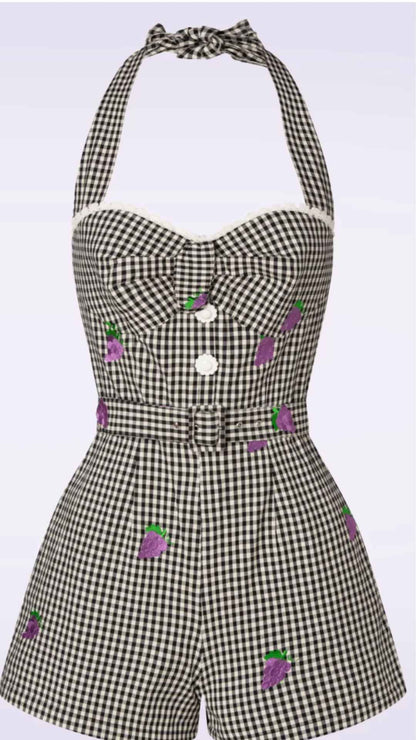Savi Gingham Halter Neck Playsuit w embroidery