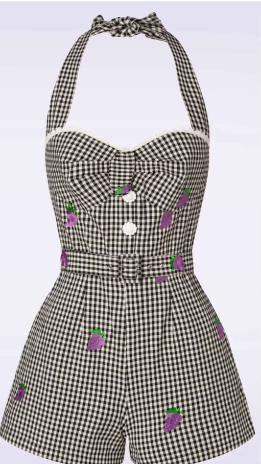 Savi Gingham Halter Neck Playsuit w embroidery