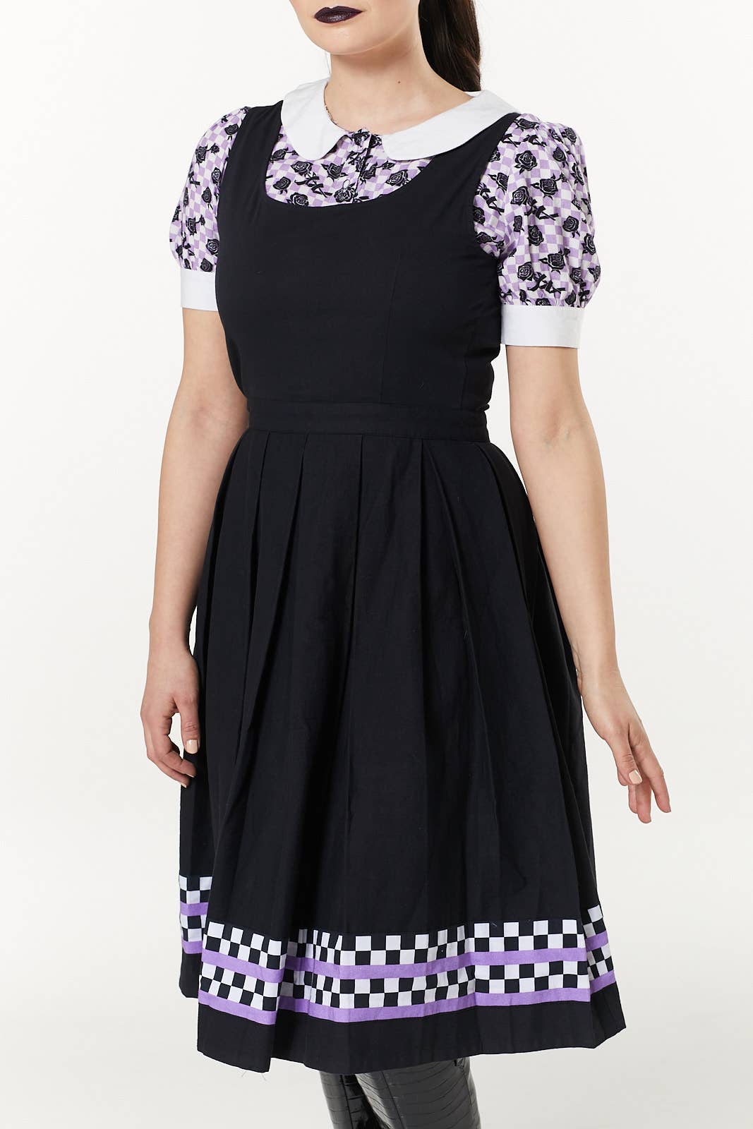 Alternative Checker Pinafore Dress In Purple & White