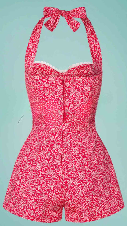 Lin Halter Neck Pink and White Print Playsuit with shirring