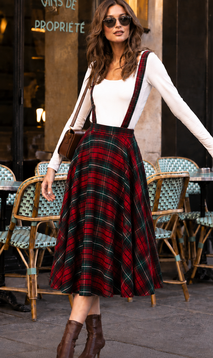 Sophie Red & Dark Green Woollen CheckTartan Midi Swing Skirt