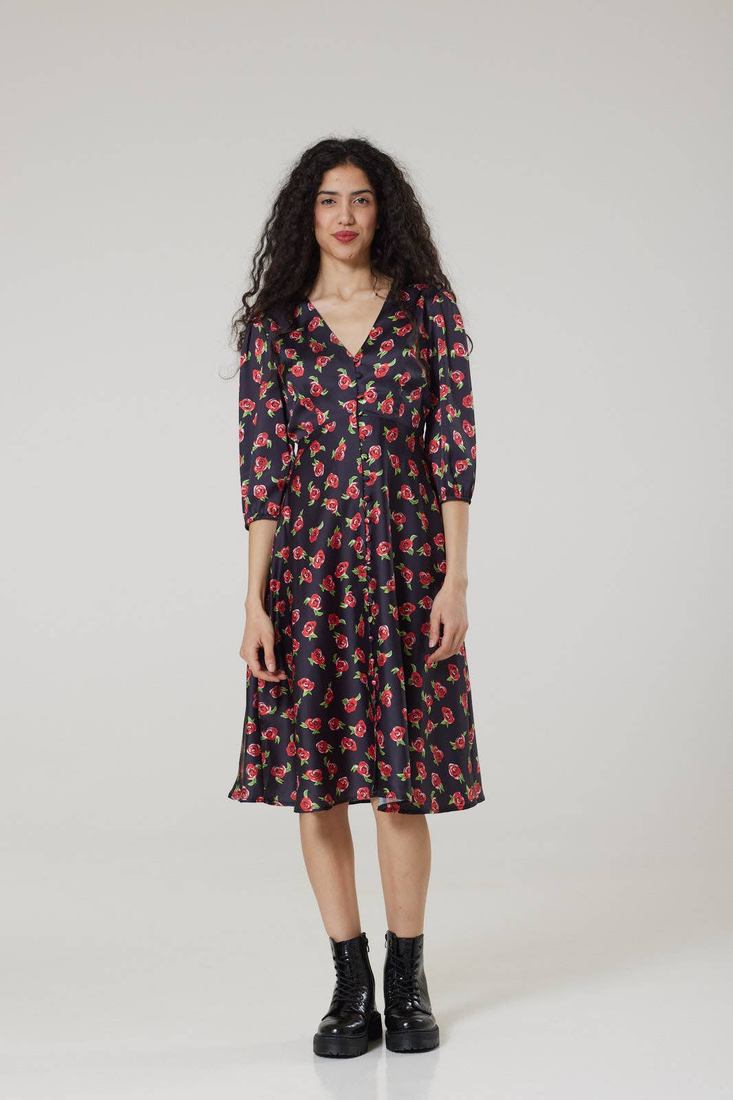 Phoebe Midi V Neck Tea Dress in recycled satin