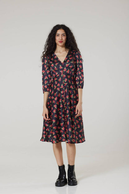 Phoebe Midi V Neck Tea Dress in recycled satin
