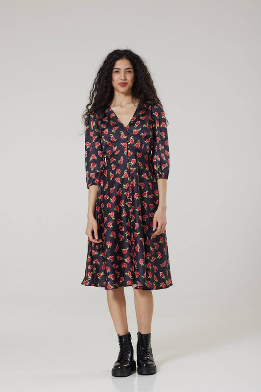 Phoebe Midi V Neck Tea Dress in recycled satin