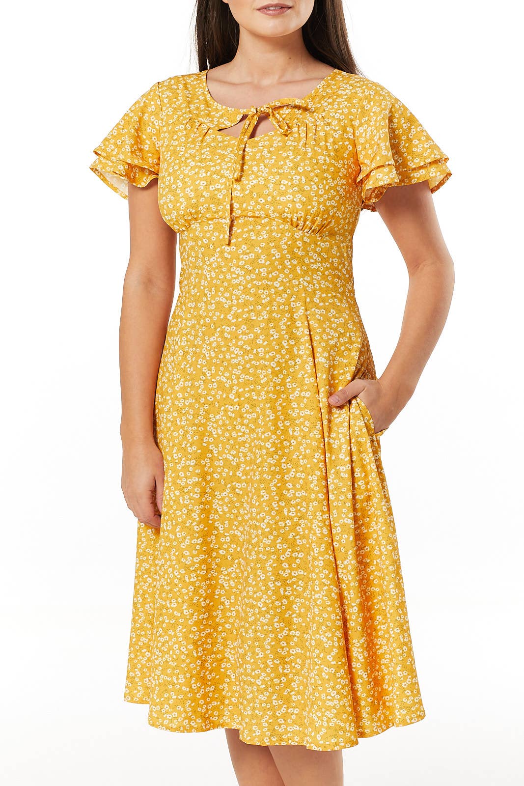 Sanj Swing Midi Dress W Empire Waist &Flutter Sleeves
