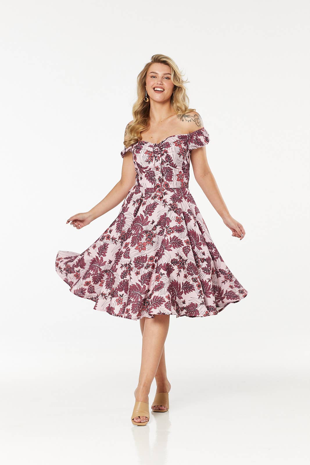Off-Shoulder Fit and Flare Floral Midi Swing Klaudi Dress