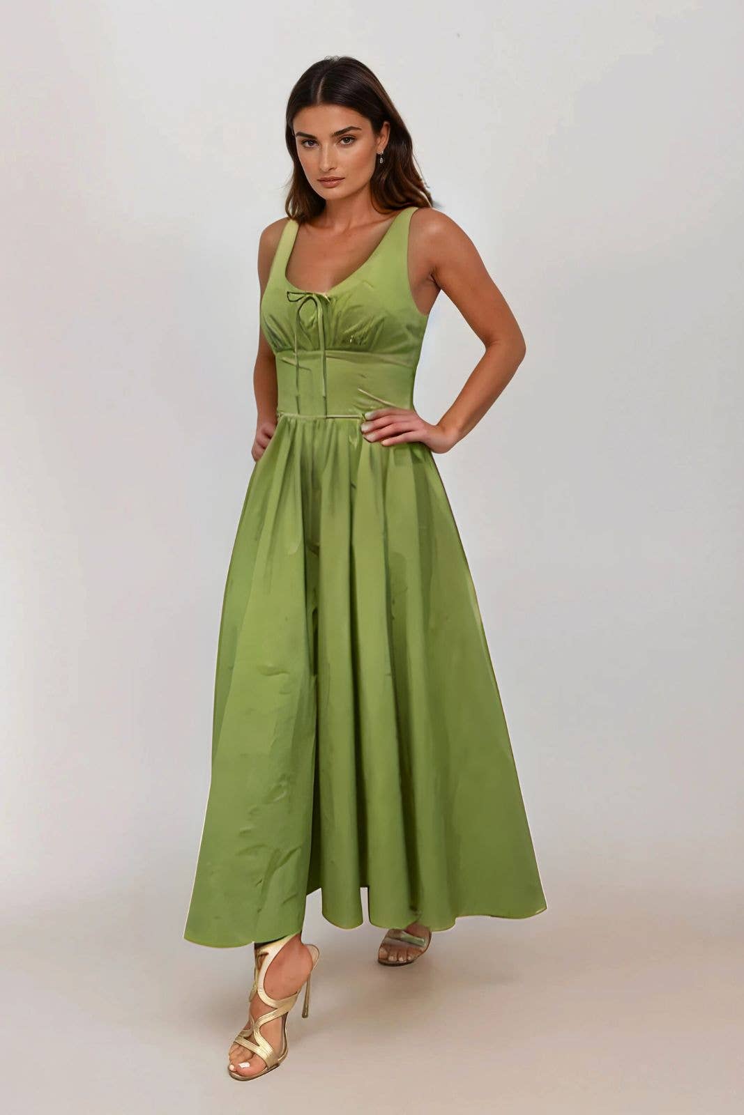 Lolita Square Neck Midi Sage Green Sleeveless Dress