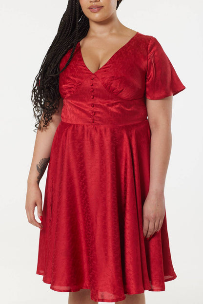 Kaylee Fit and Flare, Midi Swing Red Dress in Jacquard