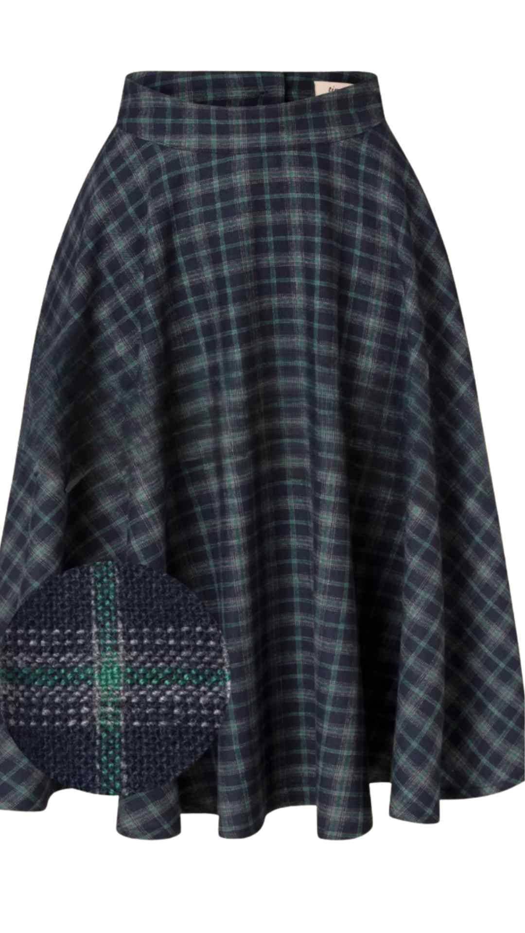 Sophie Blue Ink Woollen Check Tartan Midi Swing Skirt