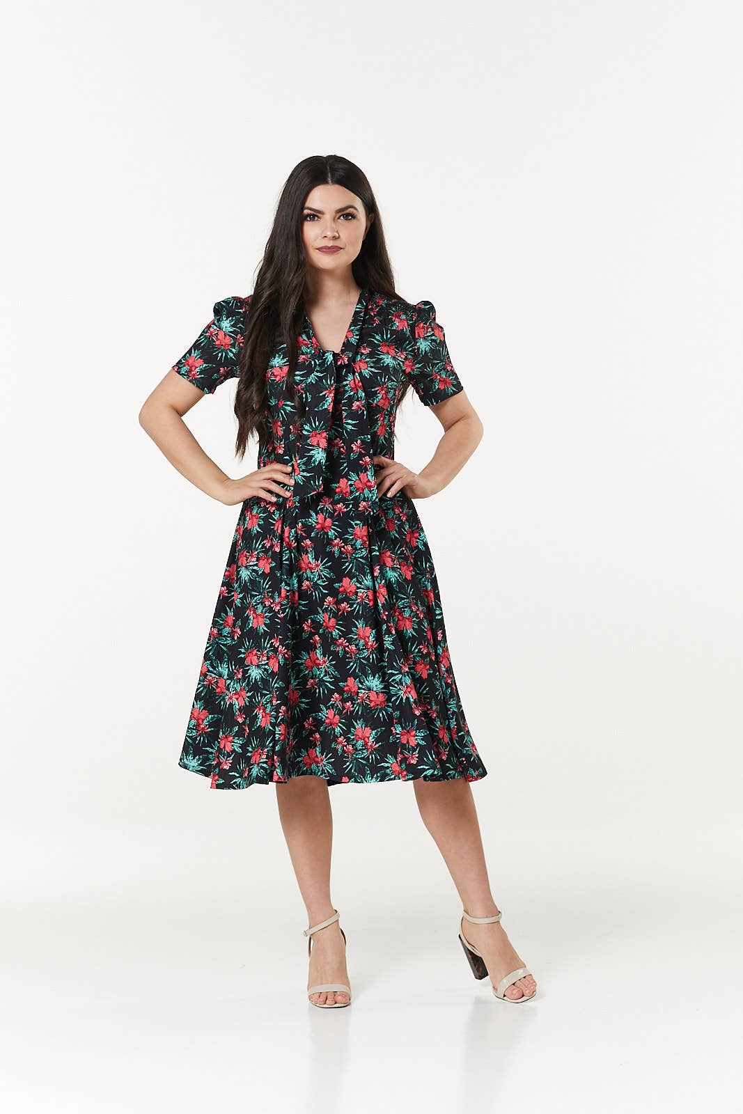 Reese Midi Swing Neck Tie Floral Print Dress