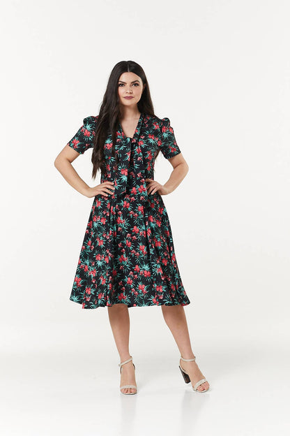 Reese Midi Swing Neck Tie Floral Print Dress