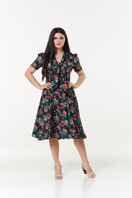 Reese Midi Swing Neck Tie Floral Print Dress