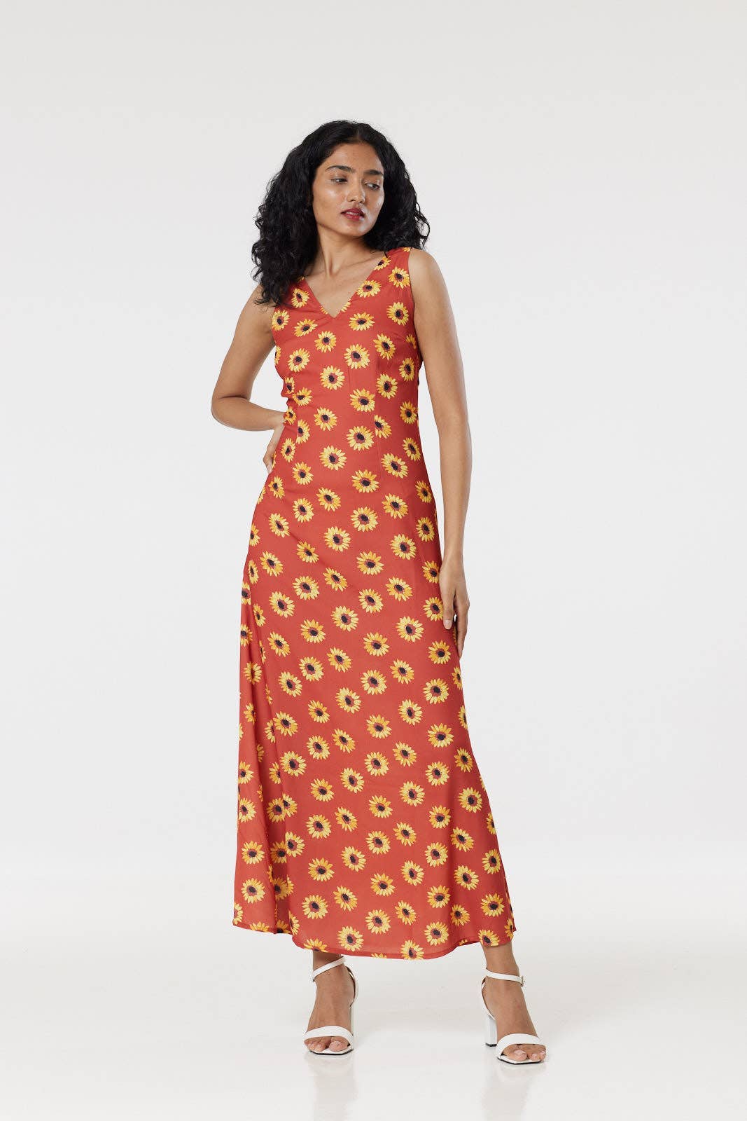 Glini Orange Sunflower Sleeveless Summer Maxi Dress