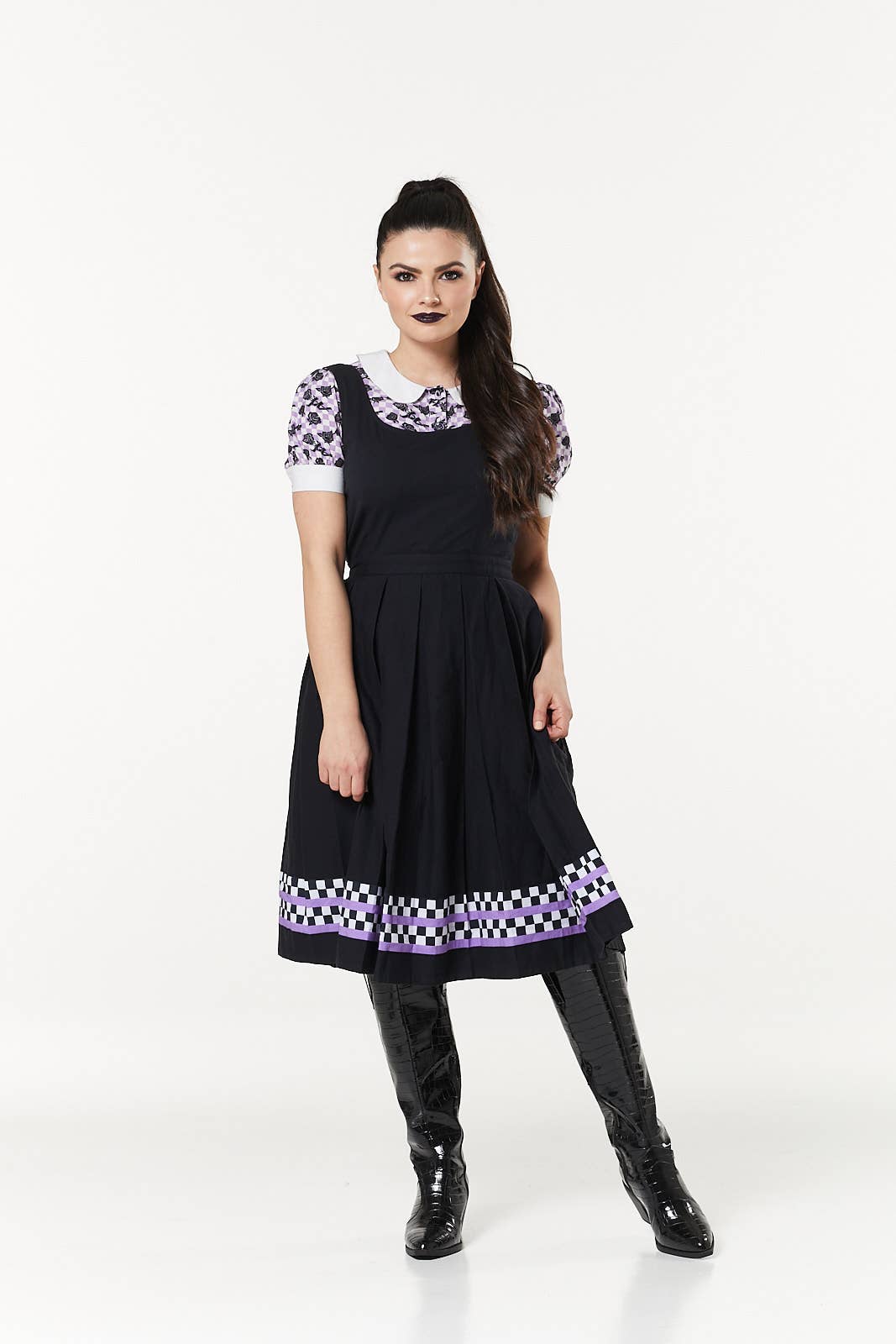 Alternative Checker Pinafore Dress In Purple & White