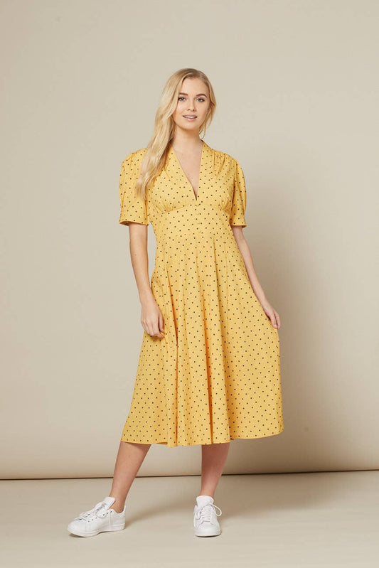 Tia A Line, Yellow and Black Polka Dot Midi Tea Dress