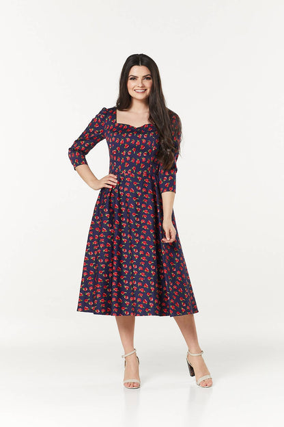 Isabella Midi, 3/4 Sleevesm Navy and Rose Print Dress