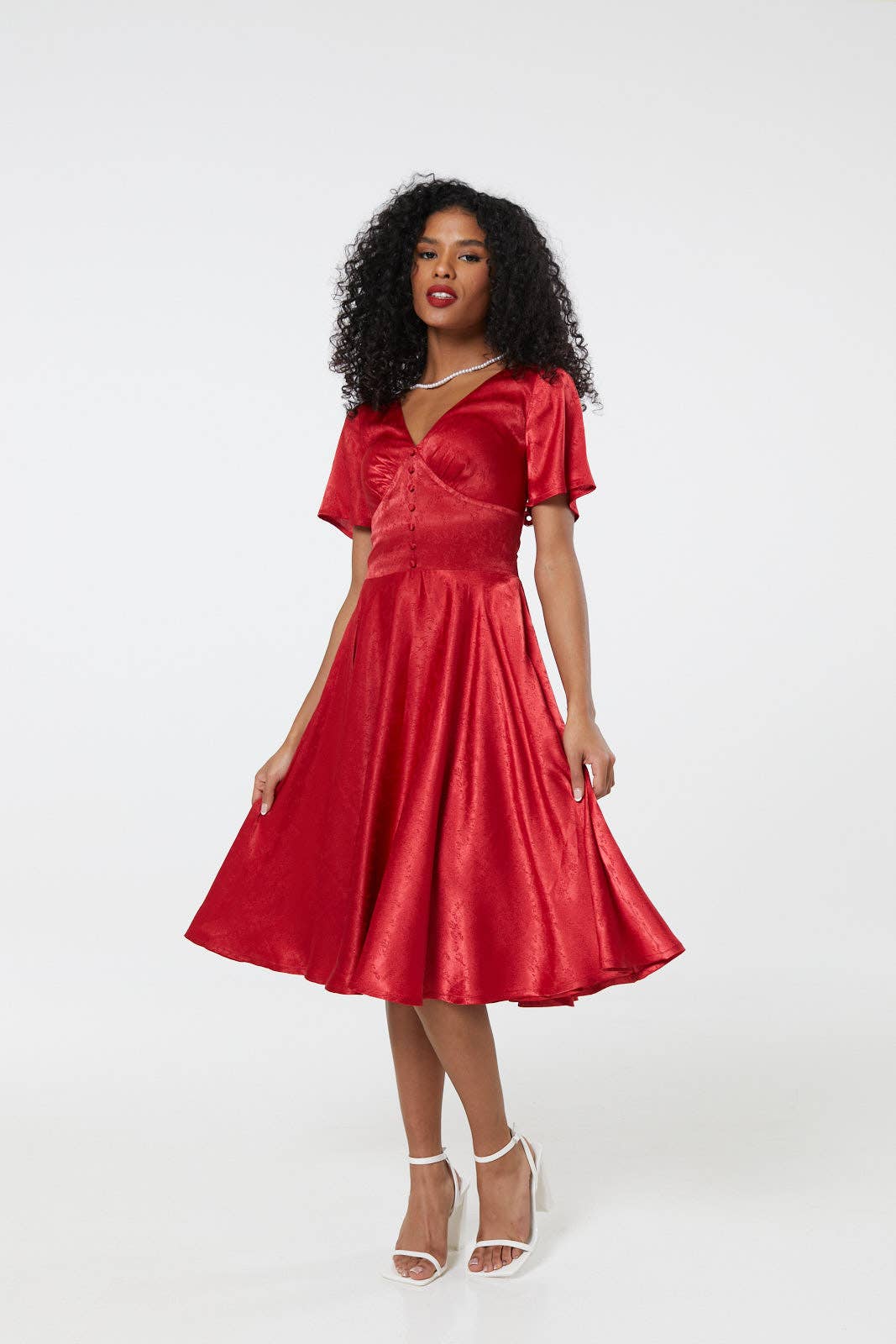 Kaylee Fit and Flare, Midi Swing Red Dress in Jacquard