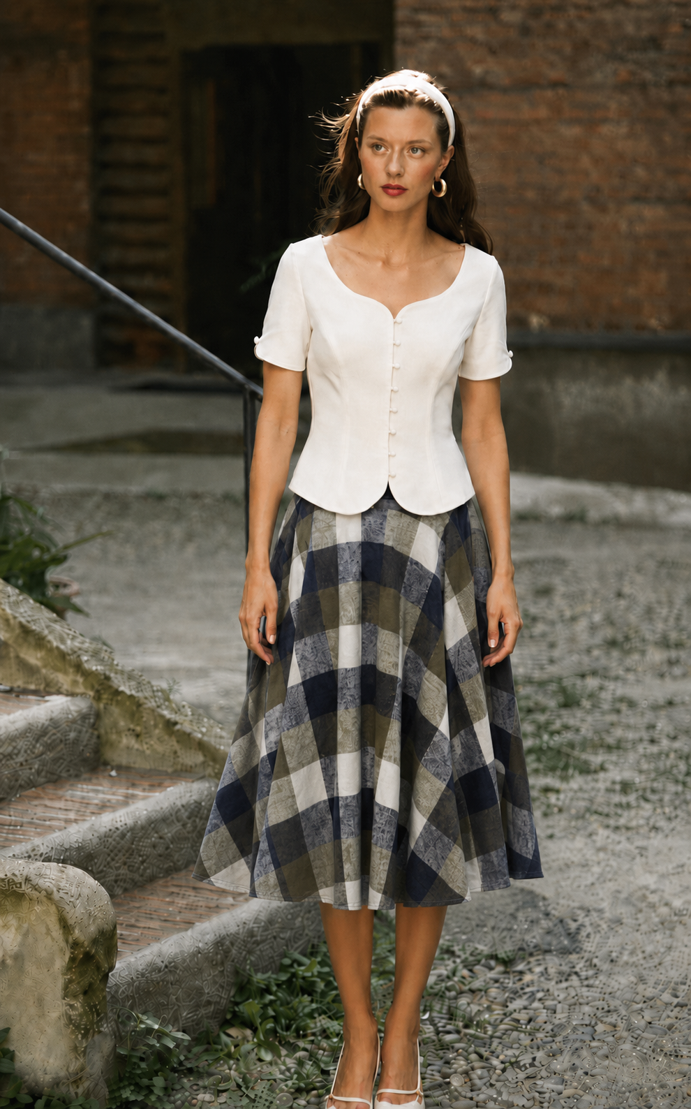 Sophie Navy & Khaki Woollen Check Tartan Midi Swing Skirt
