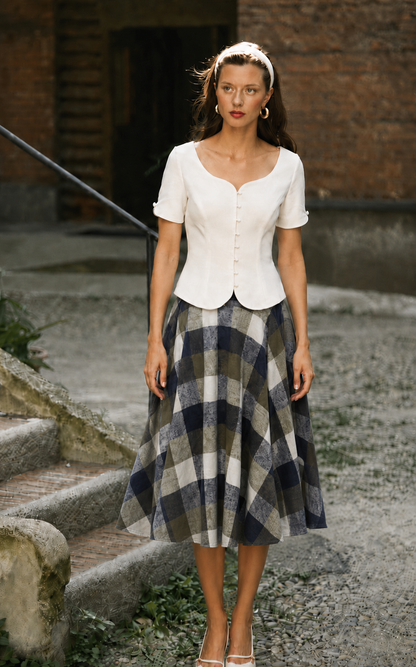 Sophie Navy & Khaki Woollen Check Tartan Midi Swing Skirt