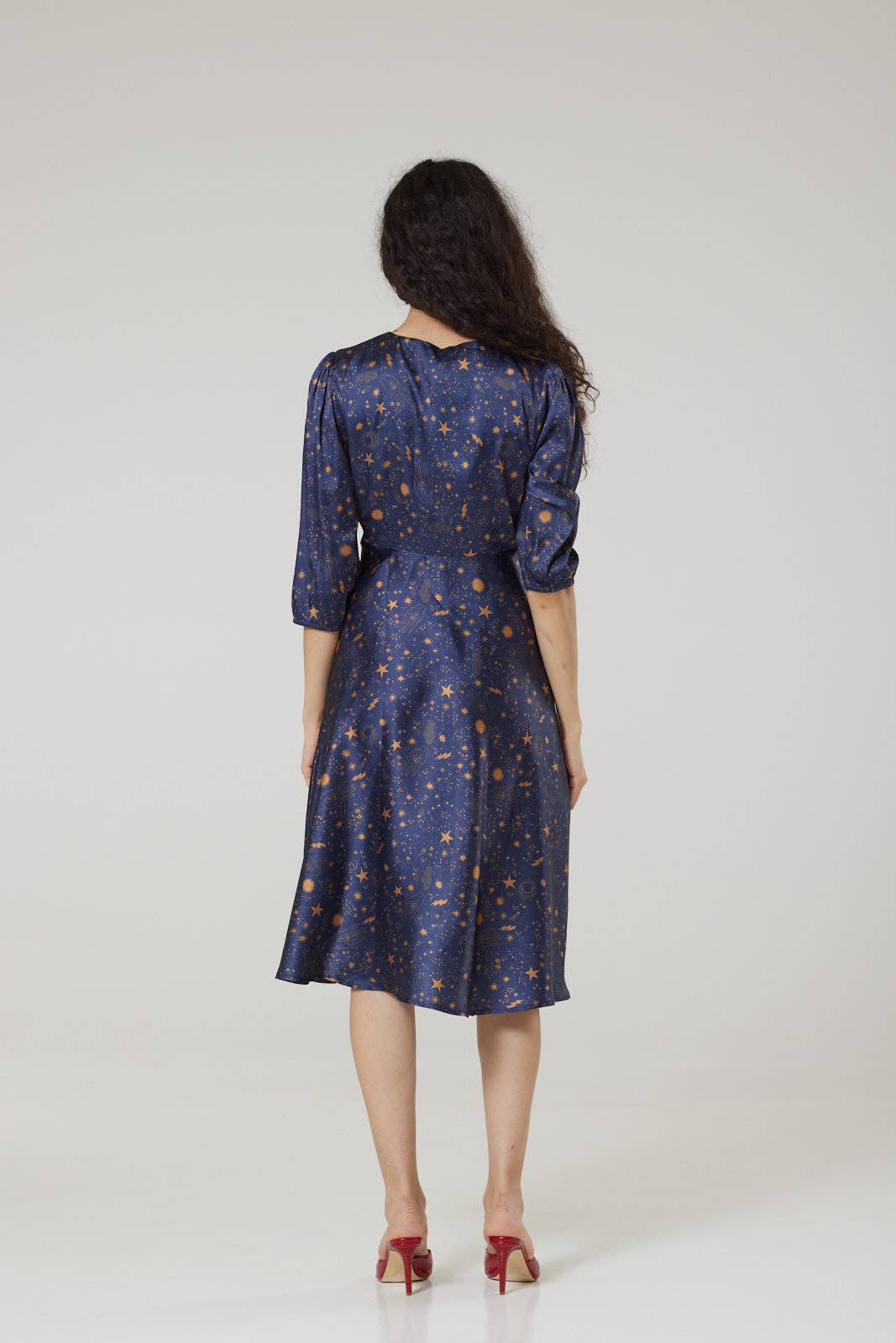 Daphne Midi,Moon and Print Stars Tea Dress in Recycled fabr