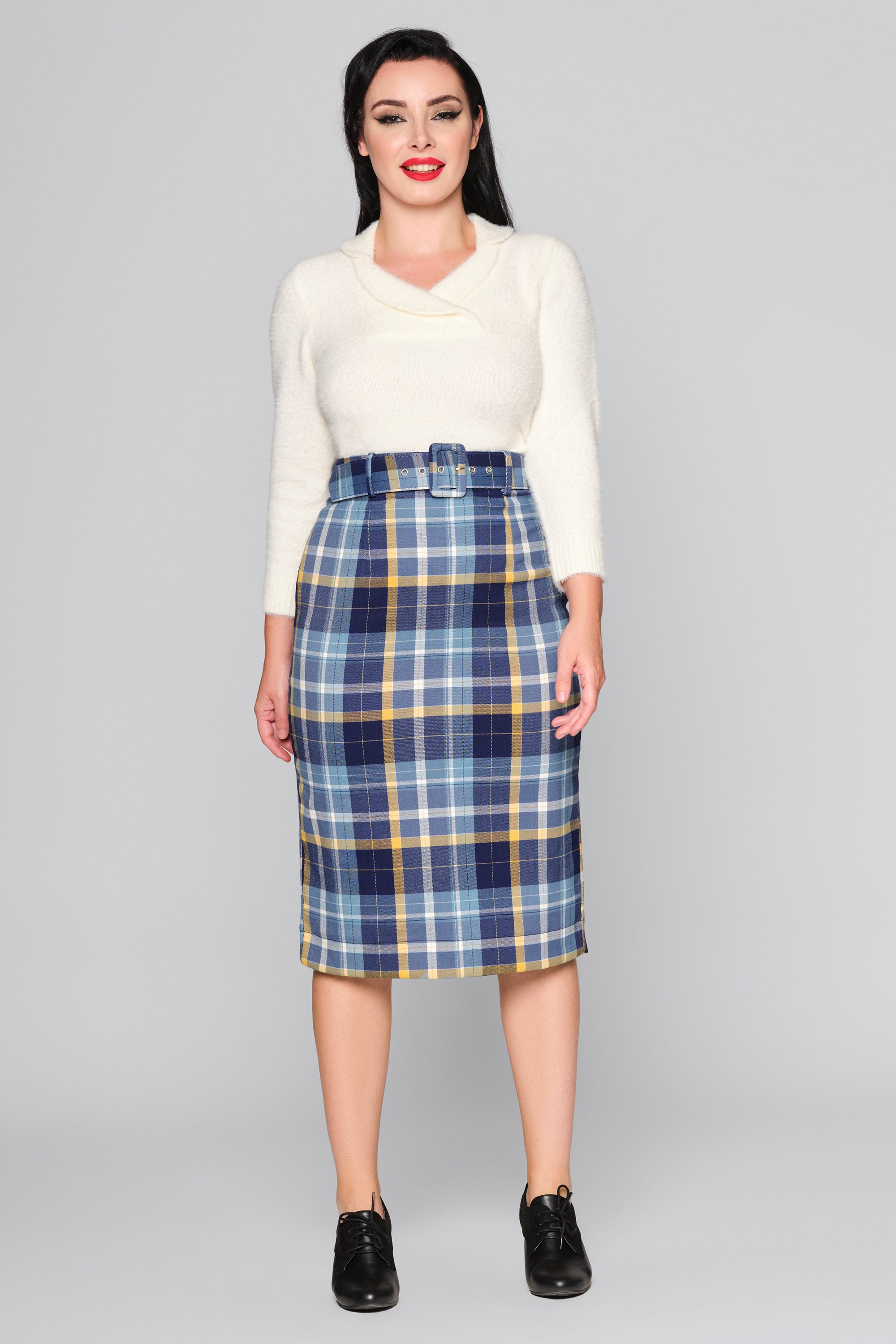 Women White Yarn dyed Check Pencil Skirt