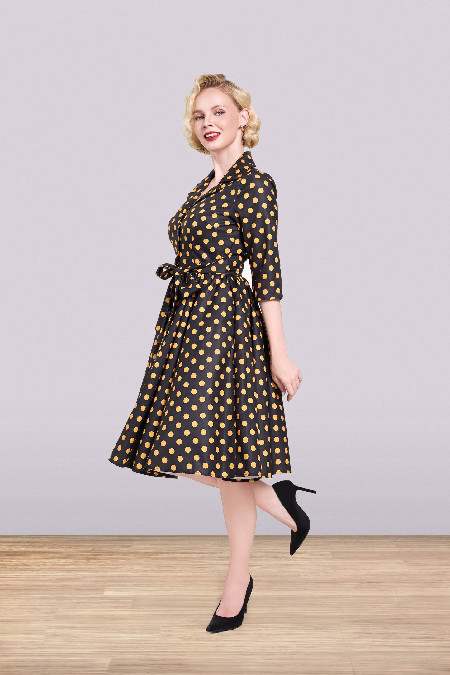 Lucia Polka Yellow Dress 3/4