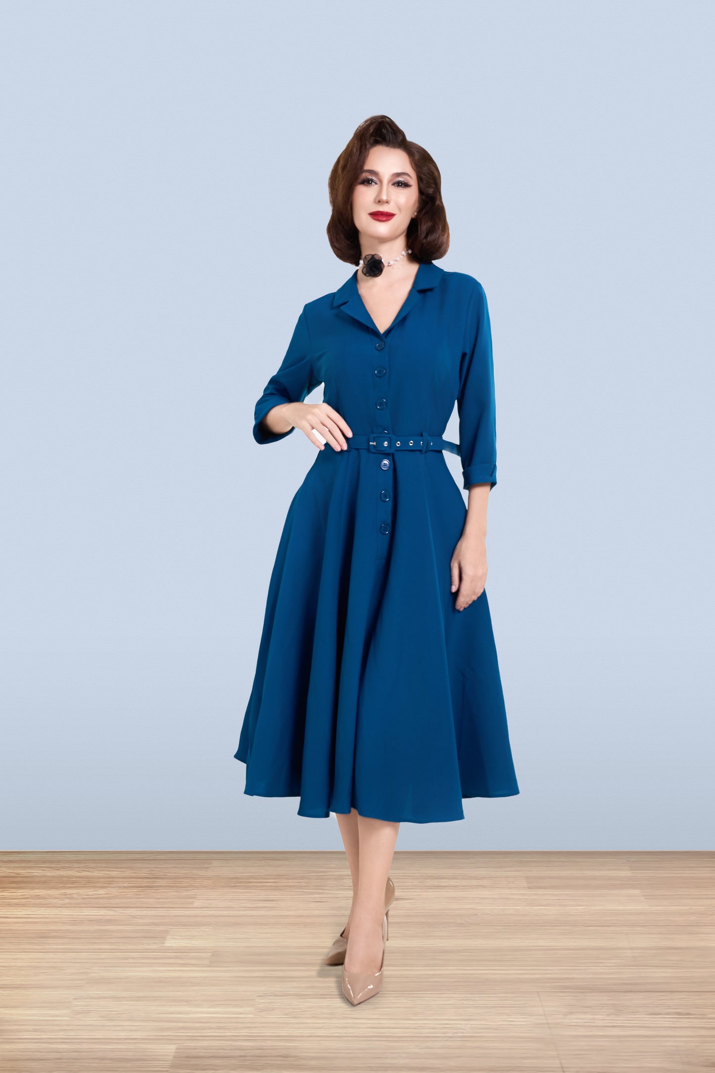 Christine Flared Dress Teal 3/4