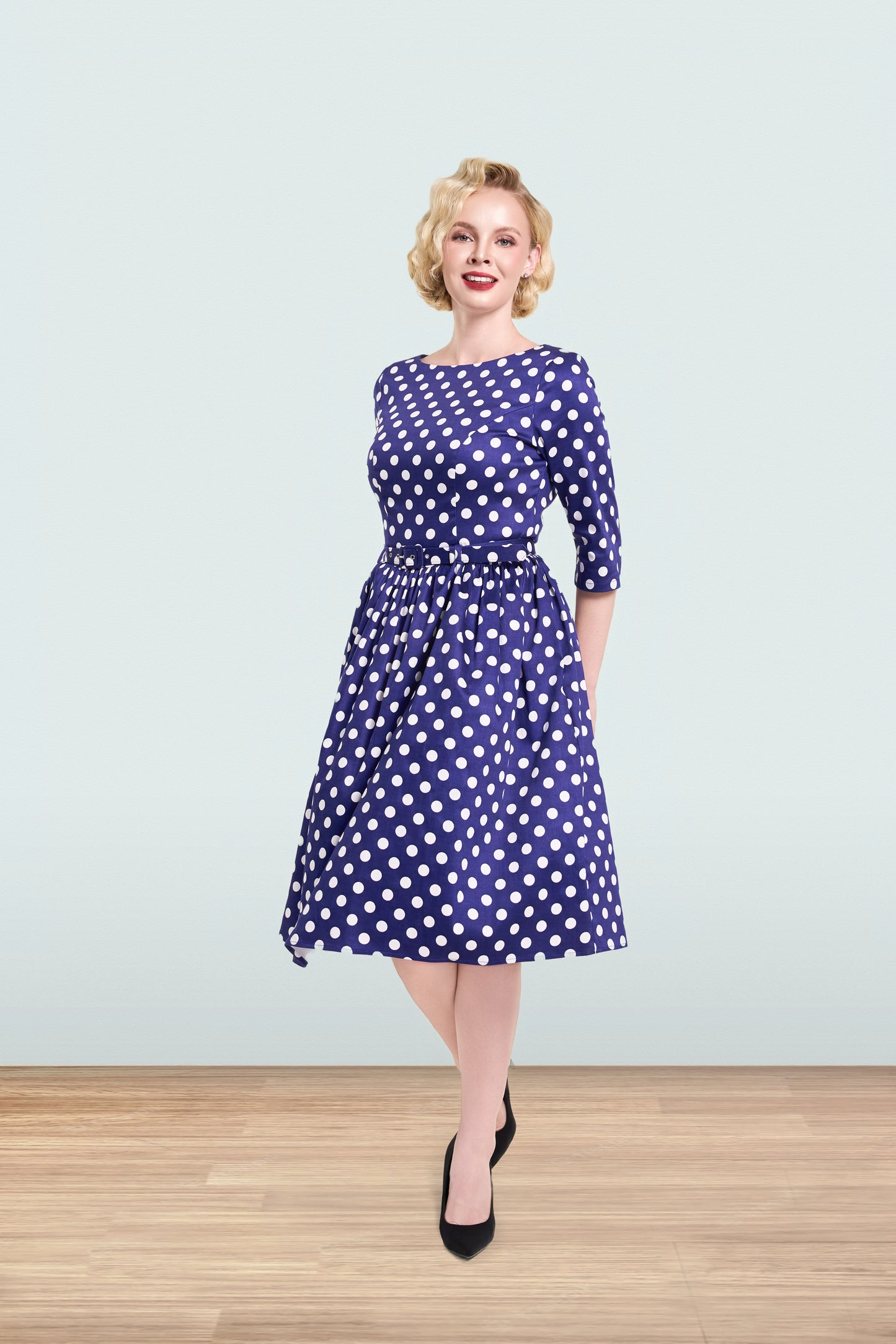 Audrey Polka Navy Dress 3/4