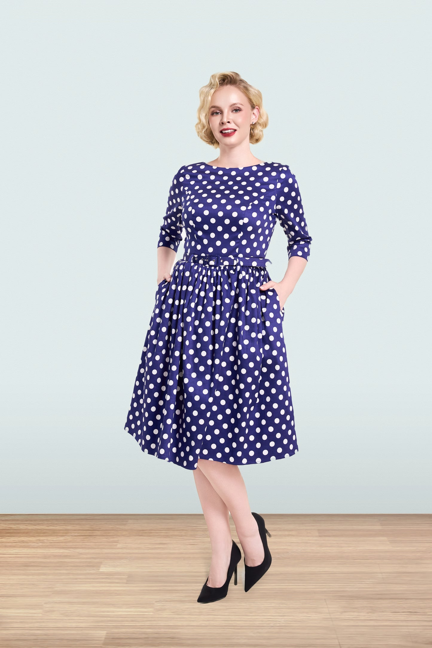 Audrey Polka Navy Dress 3/4