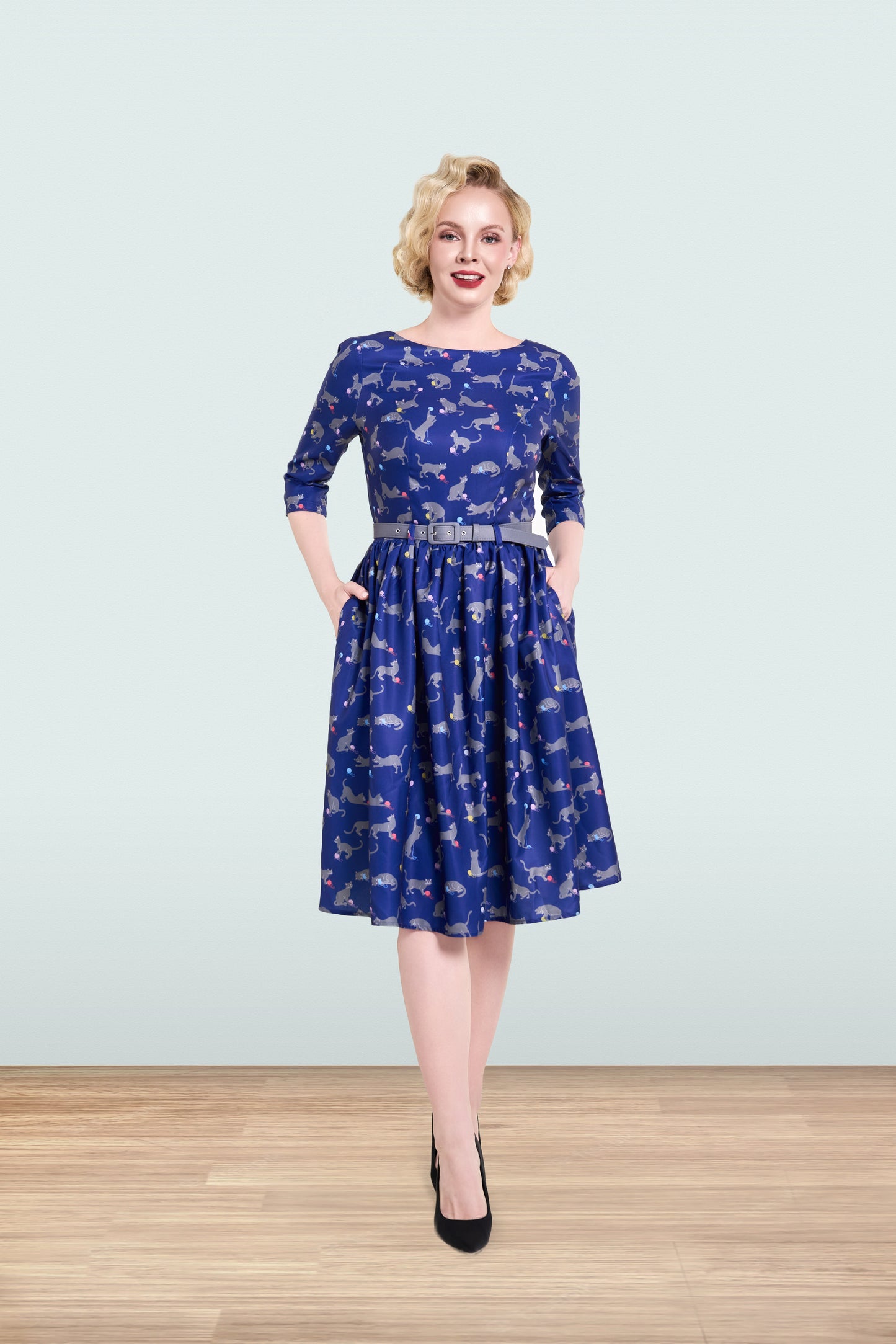 Audrey Cat Dress Blue 3/4
