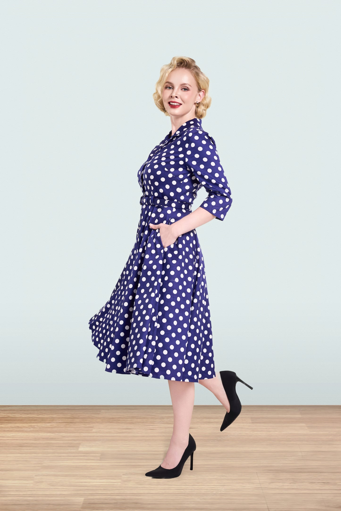 Christine Polka Navy Dress 3/4