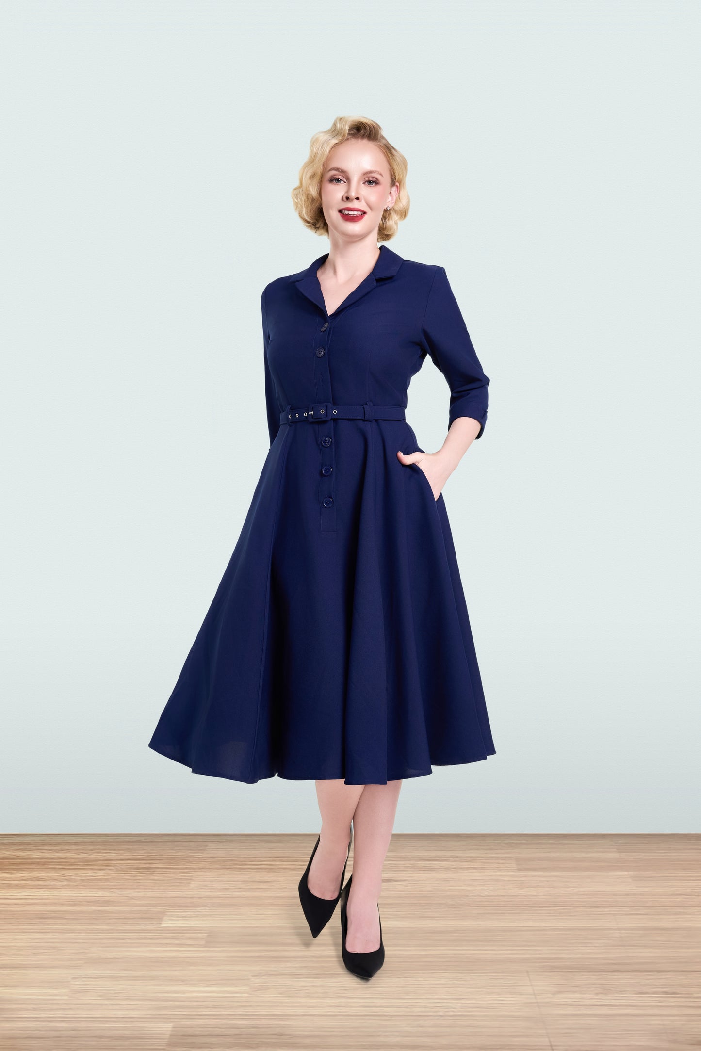 Christine Flared Dress Navy 3/4