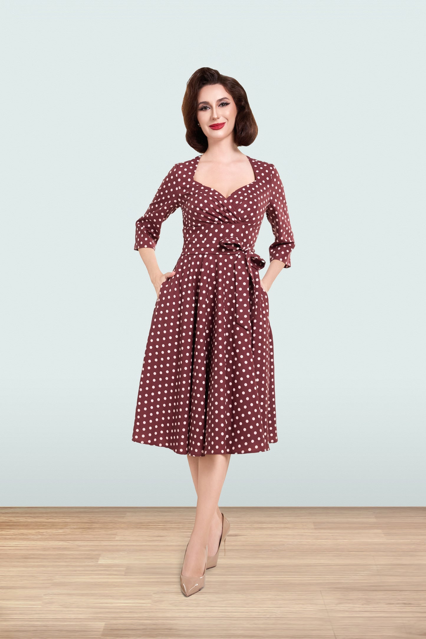 Rita Brown Polka Flared Dress 3/4