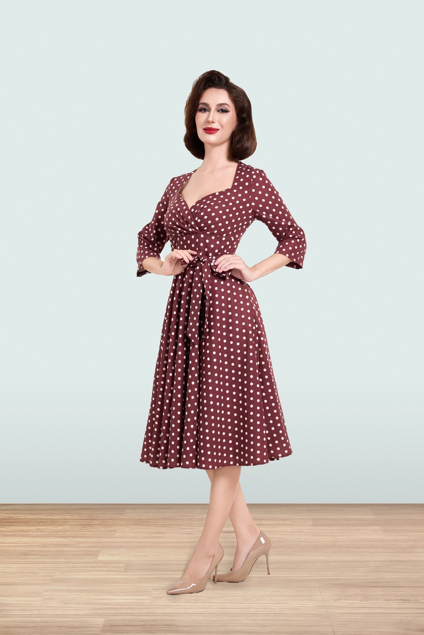 Rita Brown Polka Flared Dress 3/4