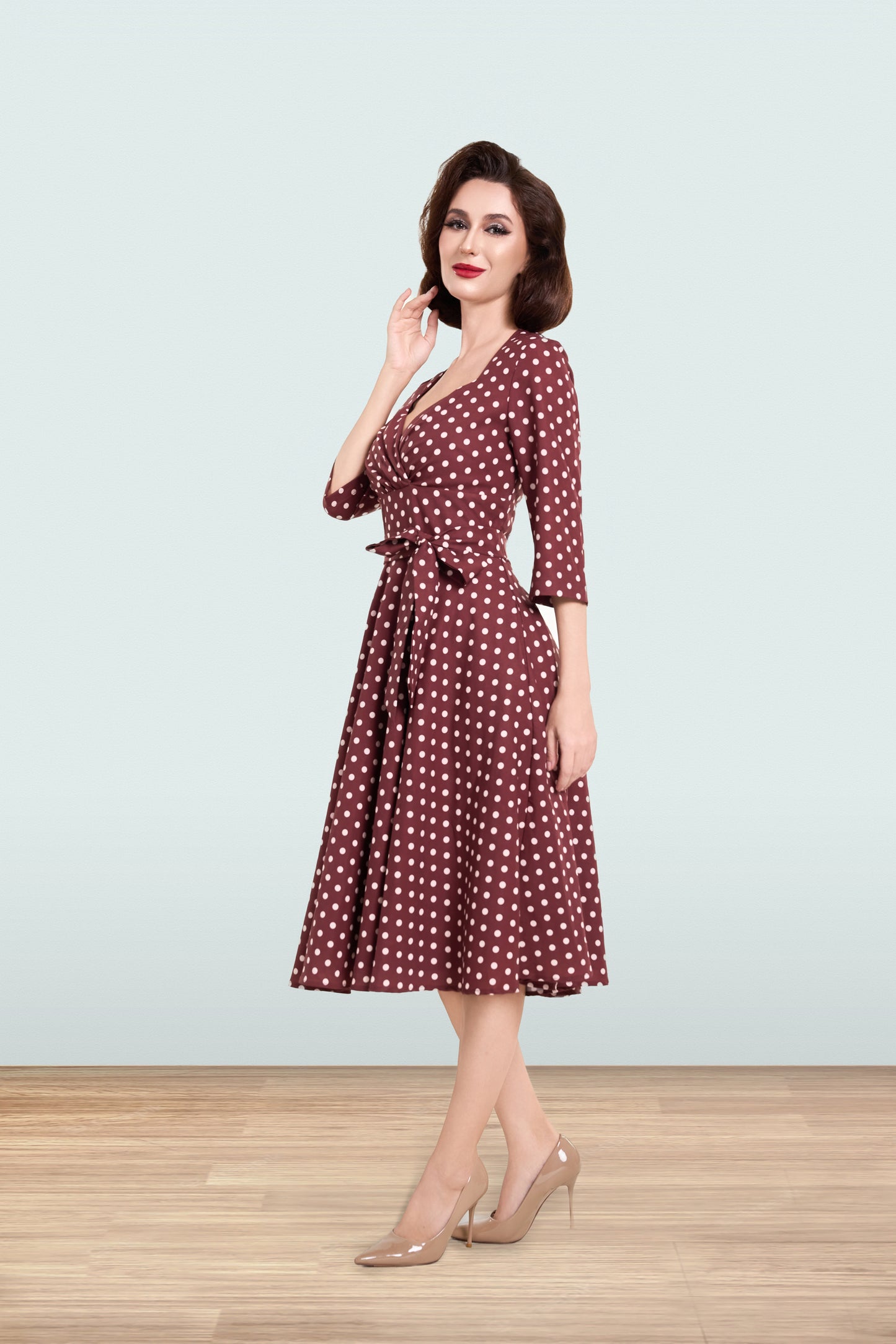 Rita Brown Polka Flared Dress 3/4