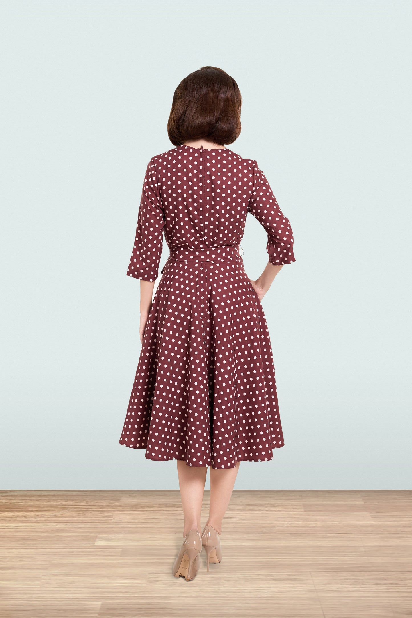 Rita Brown Polka Flared Dress 3/4