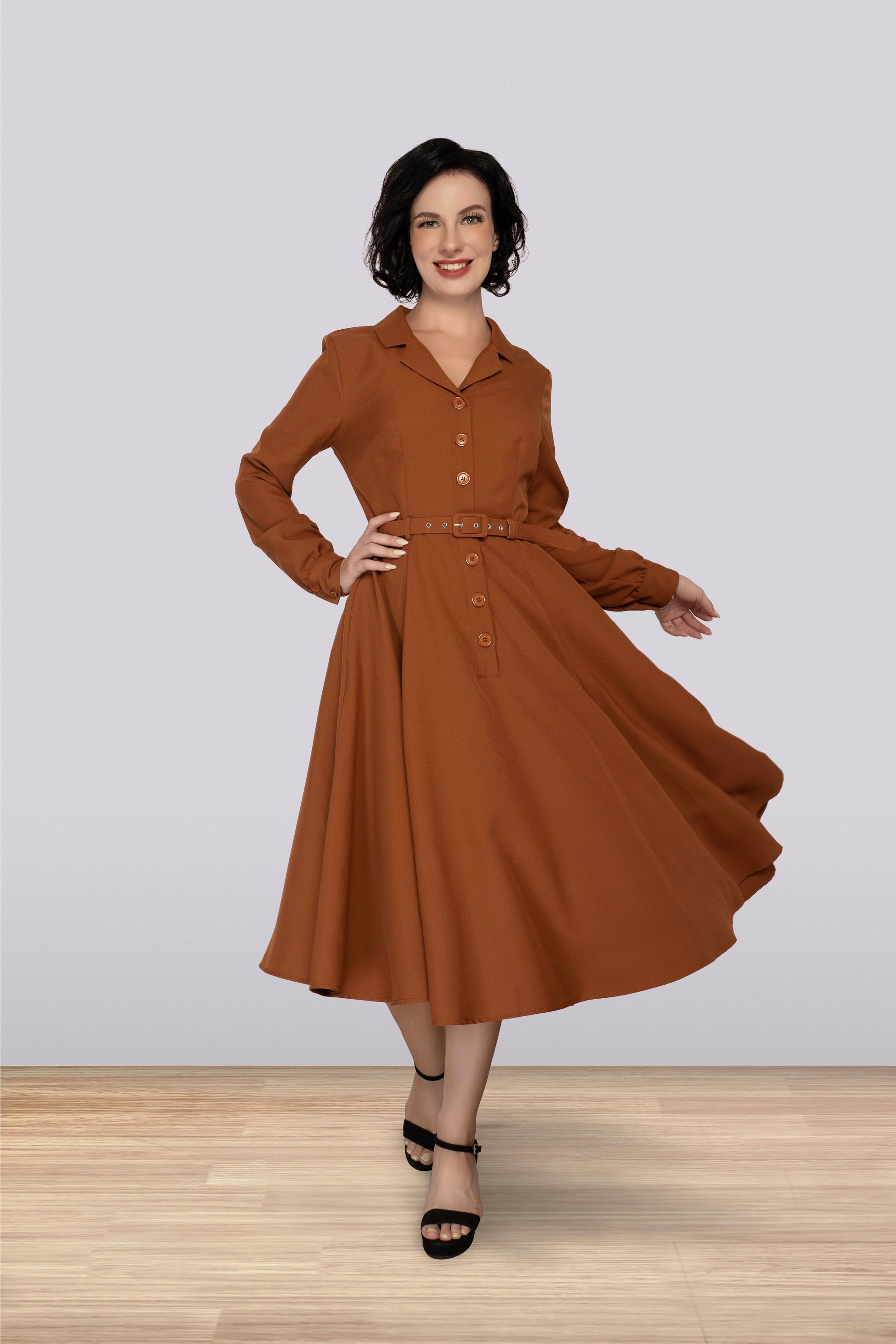 Christine Long Sleeve Dress Brown – Lindy Bop