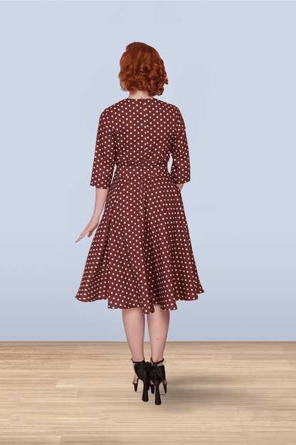 Rita Brown Polka Flared Dress 3/4