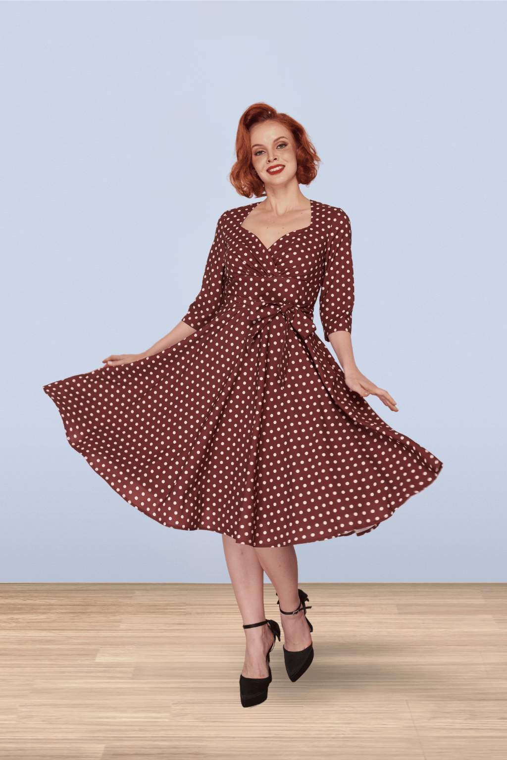 Rita Brown Polka Flared Dress 3/4