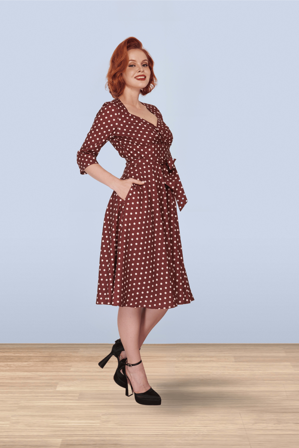 Rita Brown Polka Flared Dress 3/4