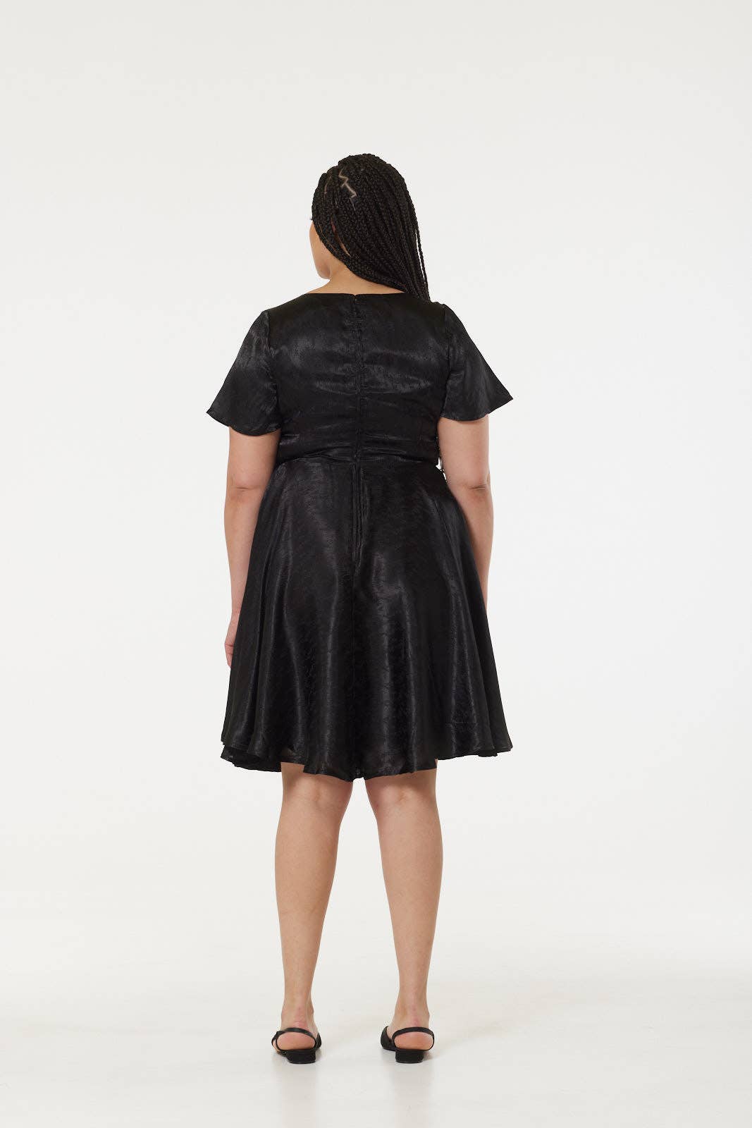 Kaylee Fit and Flare, Midi Swing Black Dress in Jacquard