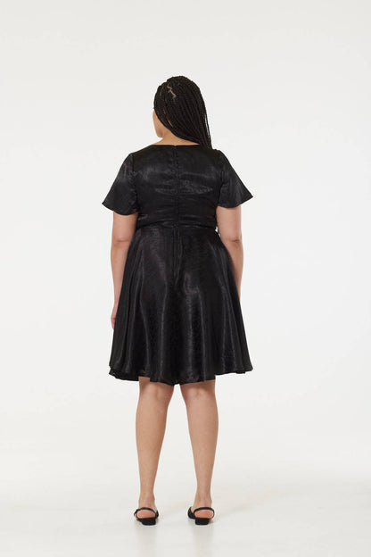 Kaylee Fit and Flare, Midi Swing Black Dress in Jacquard