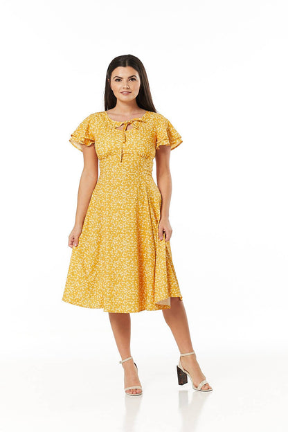 Sanj Swing Midi Dress W Empire Waist &Flutter Sleeves